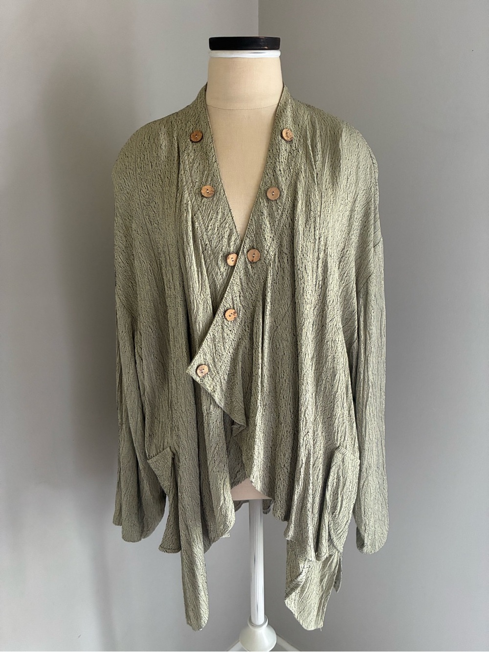 Fairycore Vintage 90s Lagenlook Bohemian Mint Green Open Front Blouse Jacket Siz